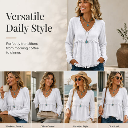 ☀️ Lightweight Comfort | Women's Tassel V-Neck Relaxed-Fit Blouse