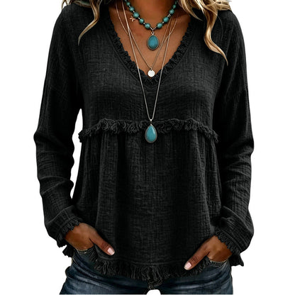 ☀️ Lightweight Comfort | Women's Tassel V-Neck Relaxed-Fit Blouse