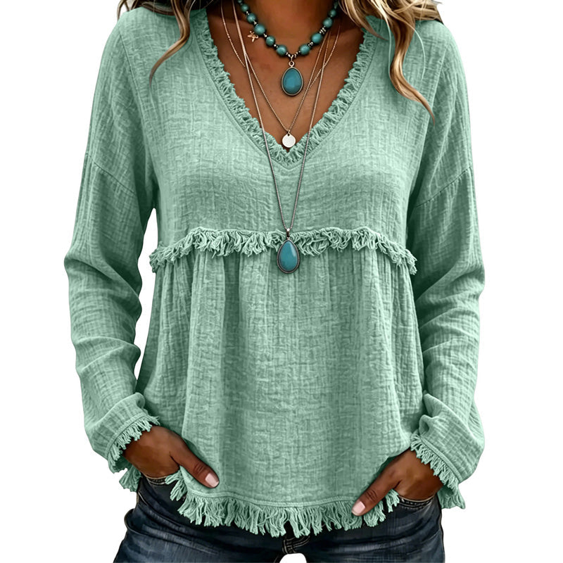 ☀️ Lightweight Comfort | Women's Tassel V-Neck Relaxed-Fit Blouse