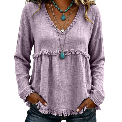 ☀️ Lightweight Comfort | Women's Tassel V-Neck Relaxed-Fit Blouse