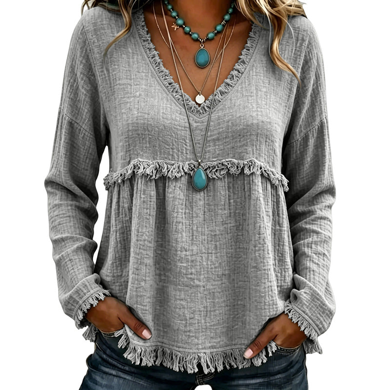 ☀️ Lightweight Comfort | Women's Tassel V-Neck Relaxed-Fit Blouse