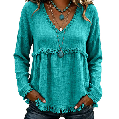 ☀️ Lightweight Comfort | Women's Tassel V-Neck Relaxed-Fit Blouse