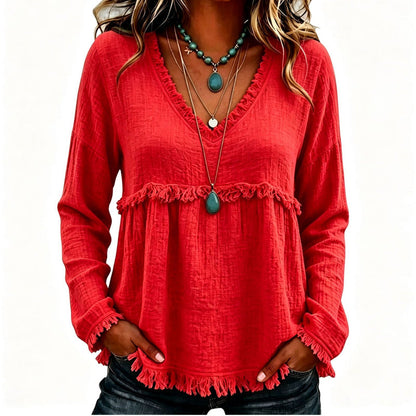 ☀️ Lightweight Comfort | Women's Tassel V-Neck Relaxed-Fit Blouse