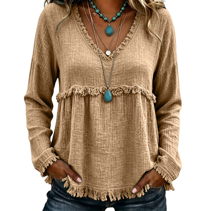 ☀️ Lightweight Comfort | Women's Tassel V-Neck Relaxed-Fit Blouse