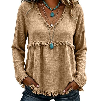 ☀️ Lightweight Comfort | Women's Tassel V-Neck Relaxed-Fit Blouse