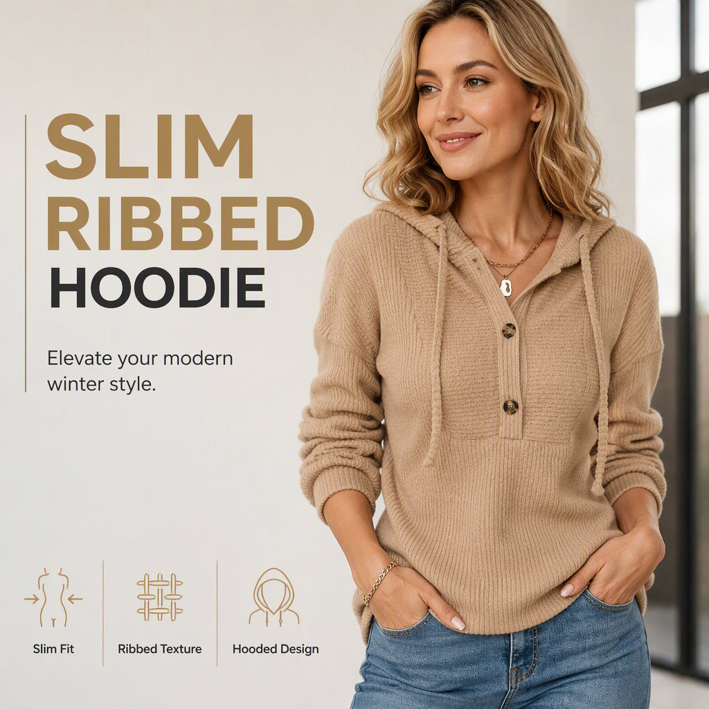 ☁️ All-Day Comfort | Women's Soft Ribbed Button-Neck Hooded Sweater