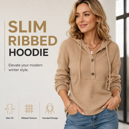 ☁️ All-Day Comfort | Women's Soft Ribbed Button-Neck Hooded Sweater