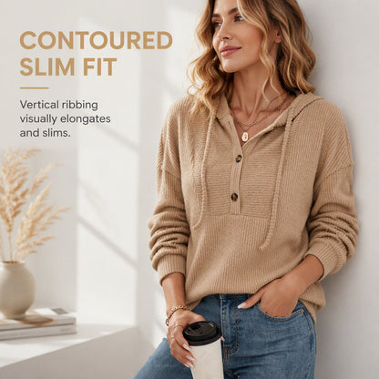 ☁️ All-Day Comfort | Women's Soft Ribbed Button-Neck Hooded Sweater