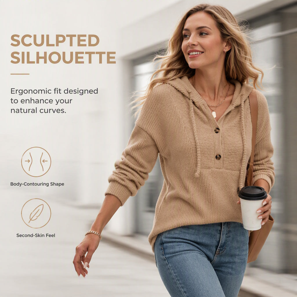 ☁️ All-Day Comfort | Women's Soft Ribbed Button-Neck Hooded Sweater