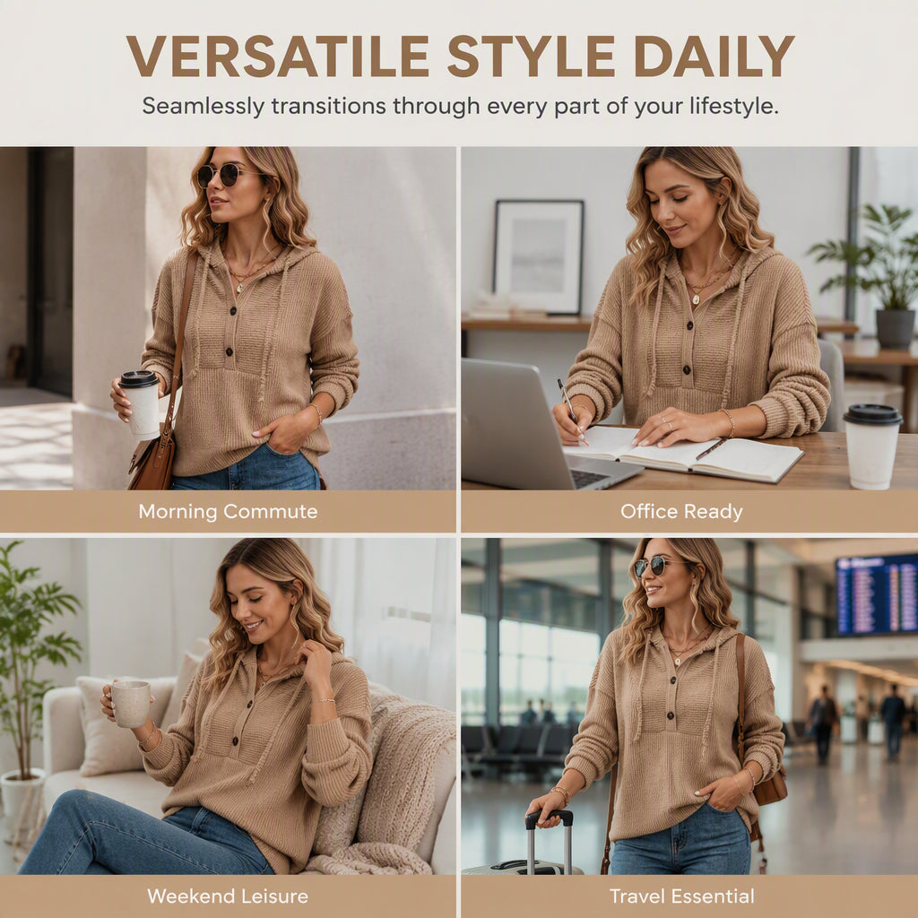 ☁️ All-Day Comfort | Women's Soft Ribbed Button-Neck Hooded Sweater
