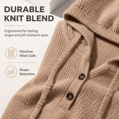 ☁️ All-Day Comfort | Women's Soft Ribbed Button-Neck Hooded Sweater