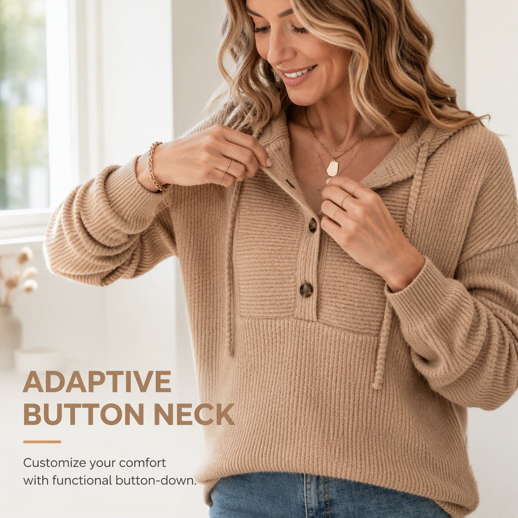 ☁️ All-Day Comfort | Women's Soft Ribbed Button-Neck Hooded Sweater
