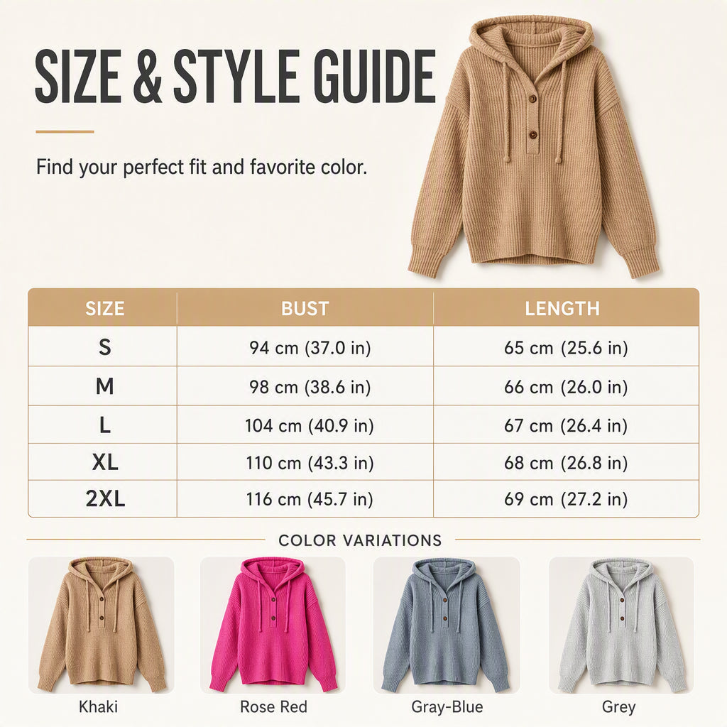 ☁️ All-Day Comfort | Women's Soft Ribbed Button-Neck Hooded Sweater