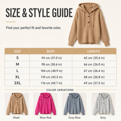 ☁️ All-Day Comfort | Women's Soft Ribbed Button-Neck Hooded Sweater