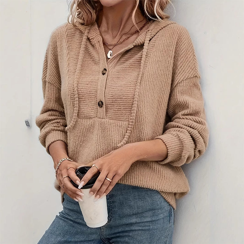 ☁️ All-Day Comfort | Women's Soft Ribbed Button-Neck Hooded Sweater