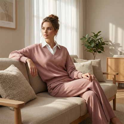 ✨ Effortless Comfort | Women's Relaxed Long-Sleeve Top & Wide-Leg Pants Set