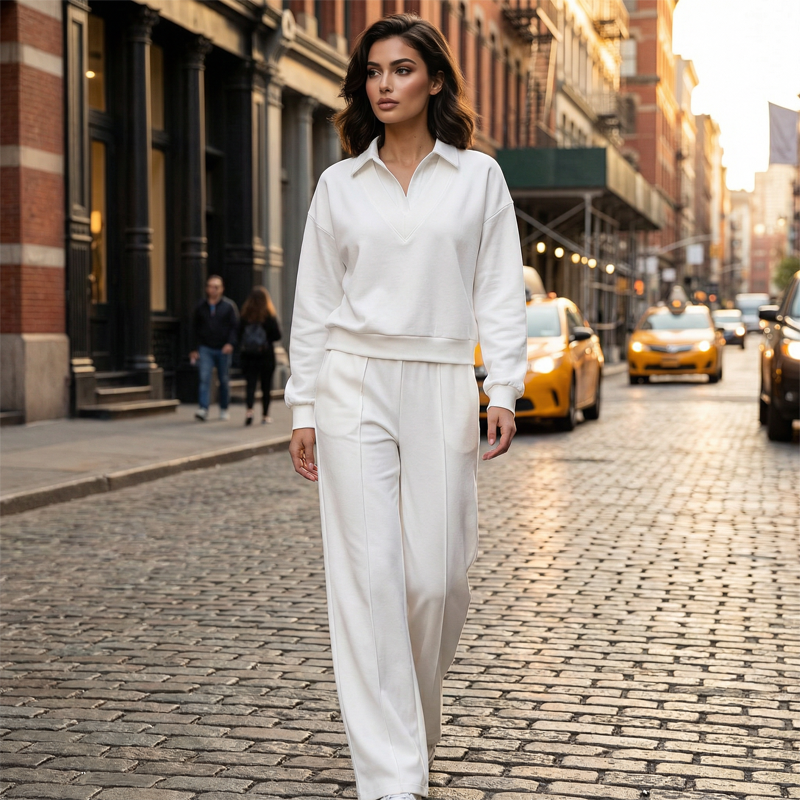 ✨ Effortless Comfort | Women's Relaxed Long-Sleeve Top & Wide-Leg Pants Set