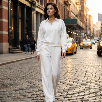 ✨ Effortless Comfort | Women's Relaxed Long-Sleeve Top & Wide-Leg Pants Set