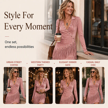✨ Flattering Elegance | Women's Fringe-Detail Slim-Fit Long-Sleeve Dress