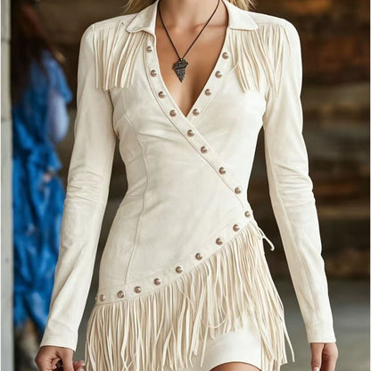 ✨ Flattering Elegance | Women's Fringe-Detail Slim-Fit Long-Sleeve Dress