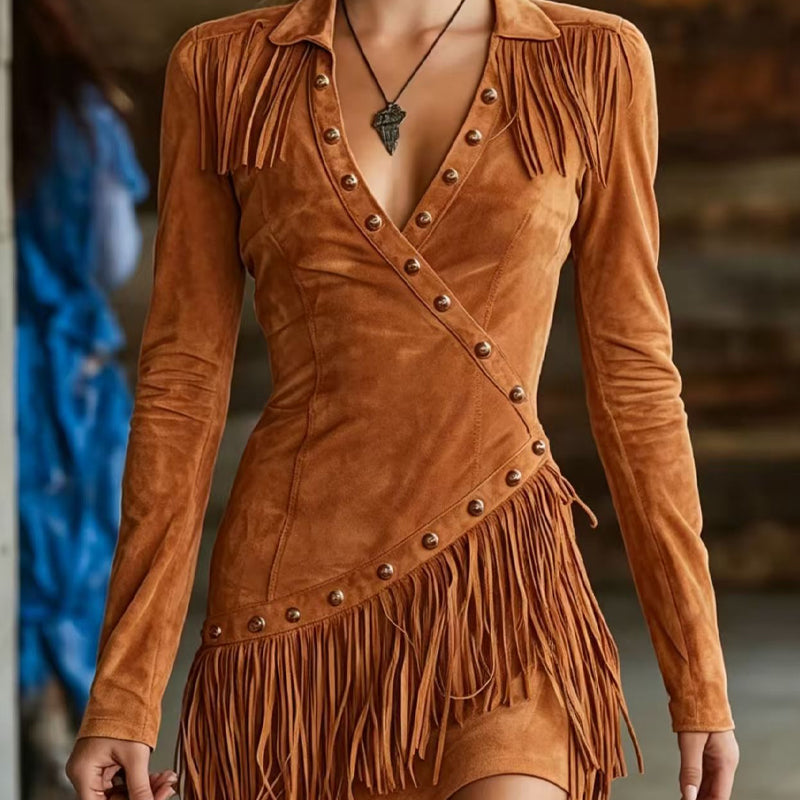 ✨ Flattering Elegance | Women's Fringe-Detail Slim-Fit Long-Sleeve Dress