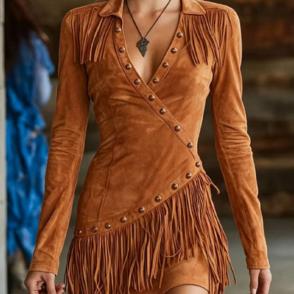 ✨ Flattering Elegance | Women's Fringe-Detail Slim-Fit Long-Sleeve Dress