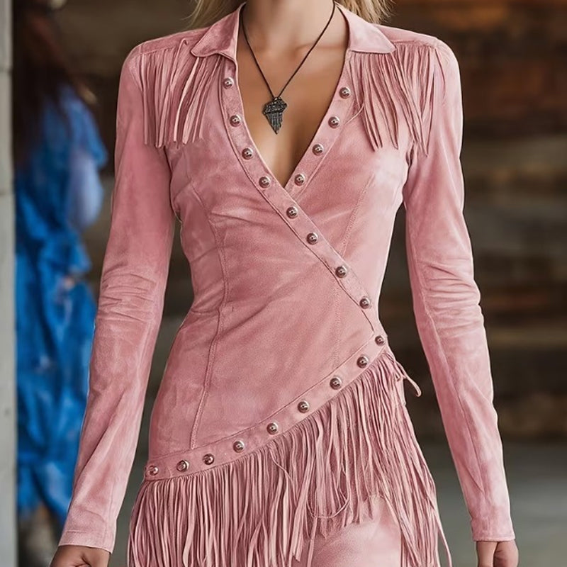 ✨ Flattering Elegance | Women's Fringe-Detail Slim-Fit Long-Sleeve Dress