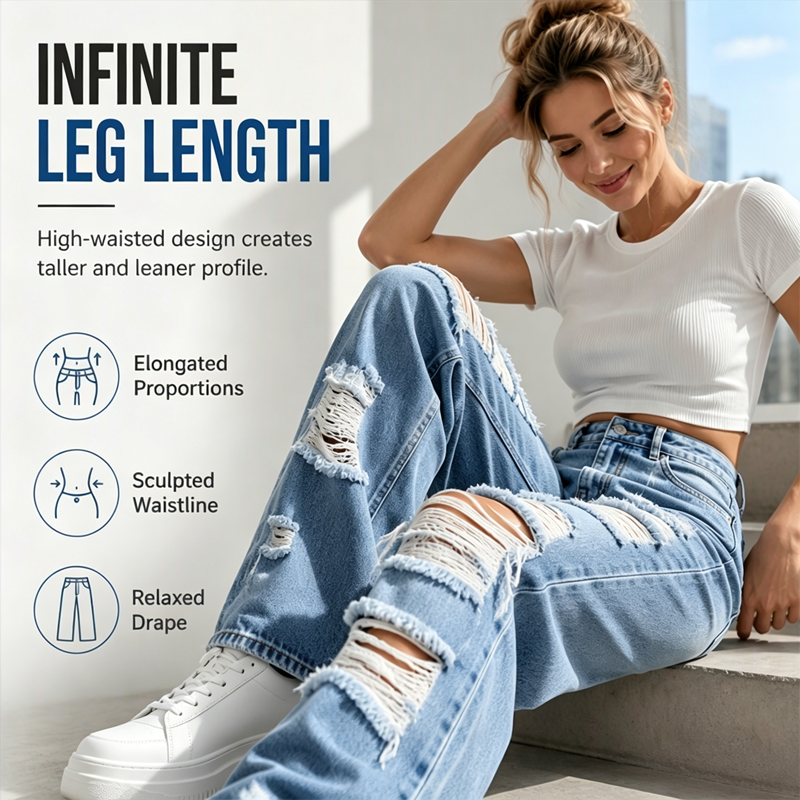 ✨ Flattering Denim Style | Women's High-Rise Distressed Wide-Leg Jeans