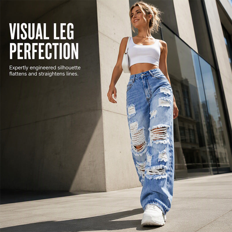 ✨ Flattering Denim Style | Women's High-Rise Distressed Wide-Leg Jeans