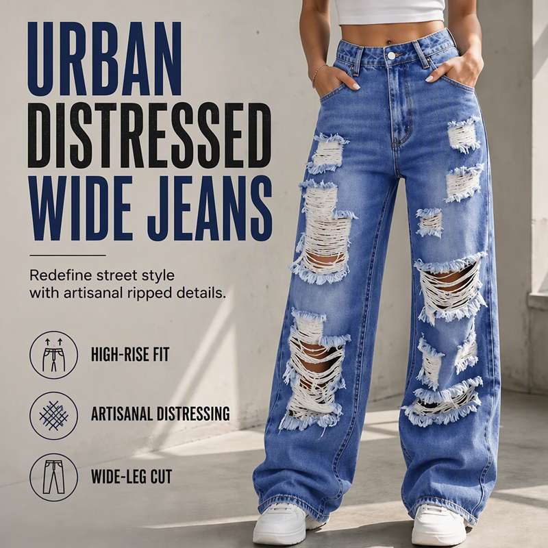 ✨ Flattering Denim Style | Women's High-Rise Distressed Wide-Leg Jeans