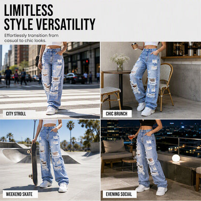 ✨ Flattering Denim Style | Women's High-Rise Distressed Wide-Leg Jeans