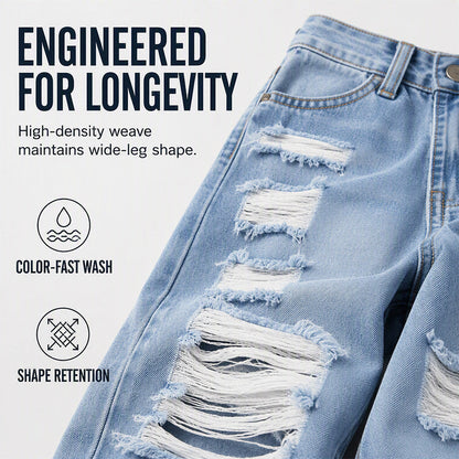 ✨ Flattering Denim Style | Women's High-Rise Distressed Wide-Leg Jeans