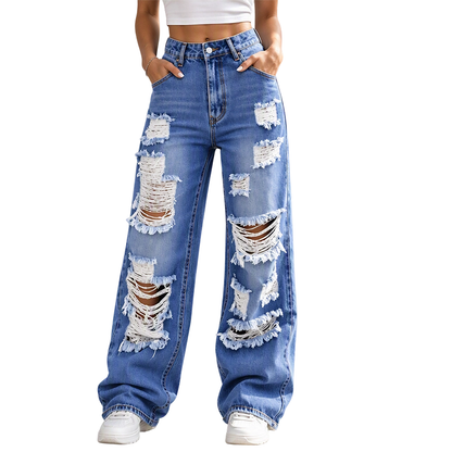 ✨ Flattering Denim Style | Women's High-Rise Distressed Wide-Leg Jeans