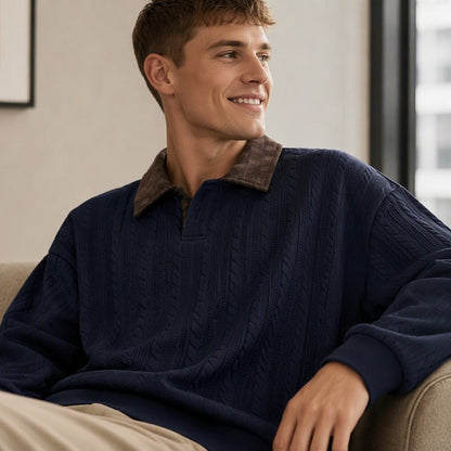 ✨ Timeless Comfort | Men's Textured Layered-Collar Relaxed-Fit Sweatshirt