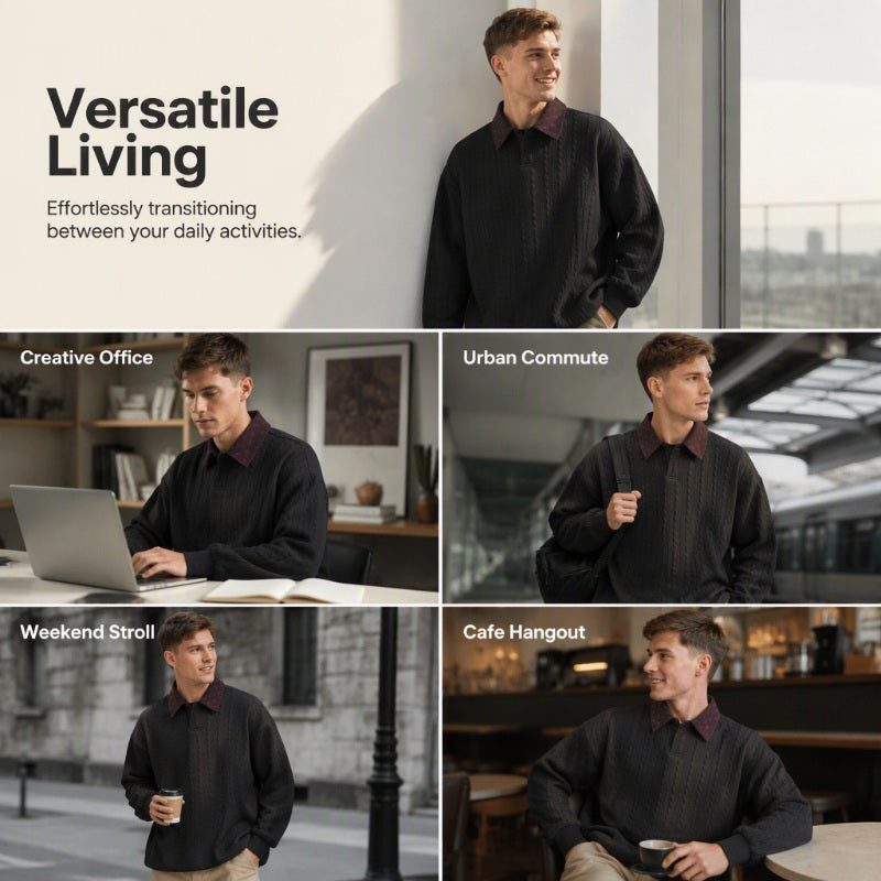 ✨ Timeless Comfort | Men's Textured Layered-Collar Relaxed-Fit Sweatshirt