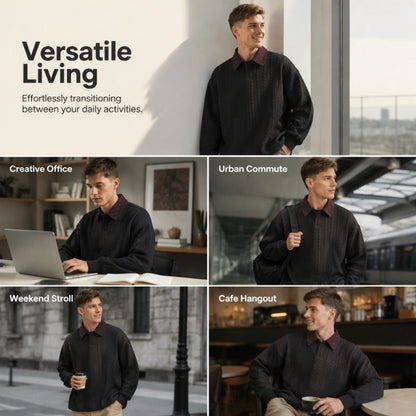 ✨ Timeless Comfort | Men's Textured Layered-Collar Relaxed-Fit Sweatshirt