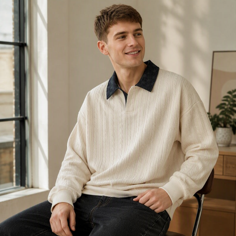 ✨ Timeless Comfort | Men's Textured Layered-Collar Relaxed-Fit Sweatshirt