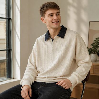 ✨ Timeless Comfort | Men's Textured Layered-Collar Relaxed-Fit Sweatshirt