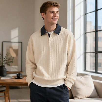 ✨ Timeless Comfort | Men's Textured Layered-Collar Relaxed-Fit Sweatshirt