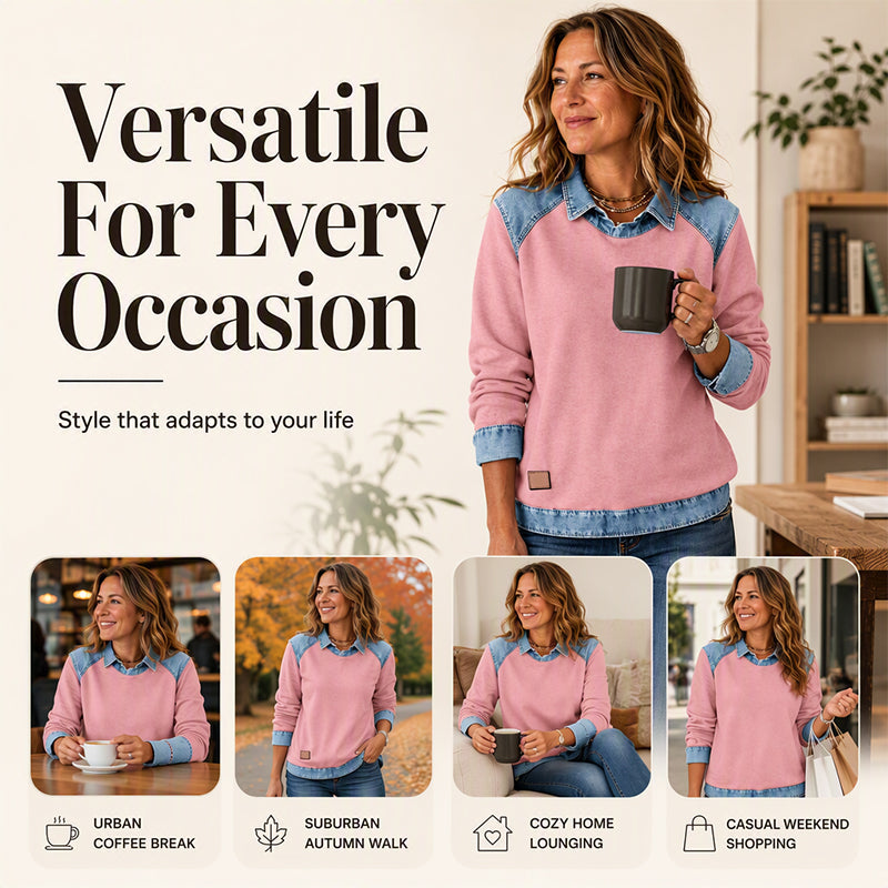 ✨ Easy Everyday Style | Women's Denim Patchwork Long-Sleeve Sweatshirt