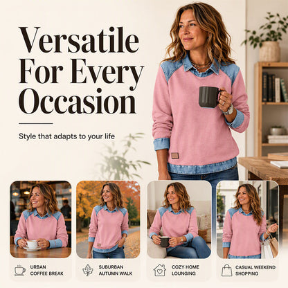 ✨ Easy Everyday Style | Women's Denim Patchwork Long-Sleeve Sweatshirt