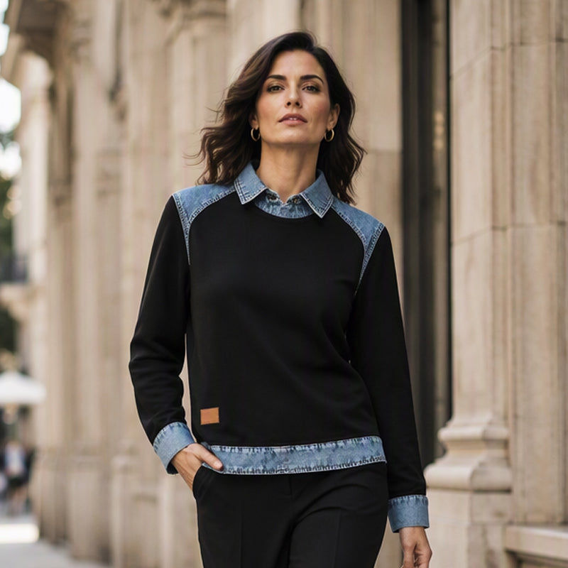 ✨ Easy Everyday Style | Women's Denim Patchwork Long-Sleeve Sweatshirt