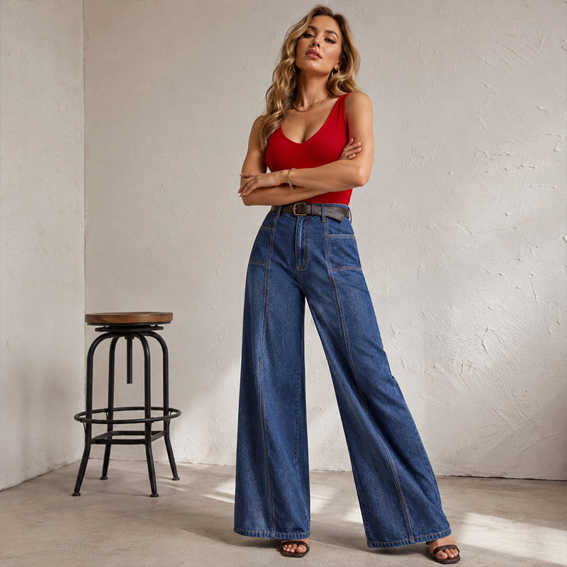 ✨ Flattering Everyday Style | Women's High-Waisted Front-Seam Wide-Leg Jeans with Deep Pockets