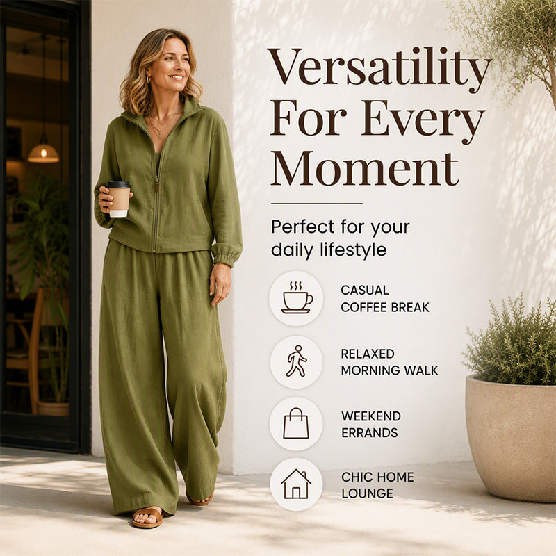 ✨ Effortless Comfort | Women's Zip-Up Cardigan & Wide-Leg Pants 2-Piece Set