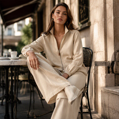 ✨ Effortless Comfort | Women's Zip-Up Cardigan & Wide-Leg Pants 2-Piece Set