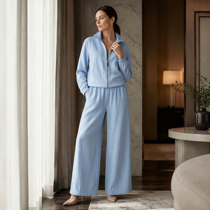 ✨ Effortless Comfort | Women's Zip-Up Cardigan & Wide-Leg Pants 2-Piece Set