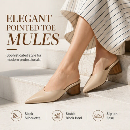 ✨ Polished Comfort | Women's Pointed-Toe Chunky-Heel Slip-On Mules