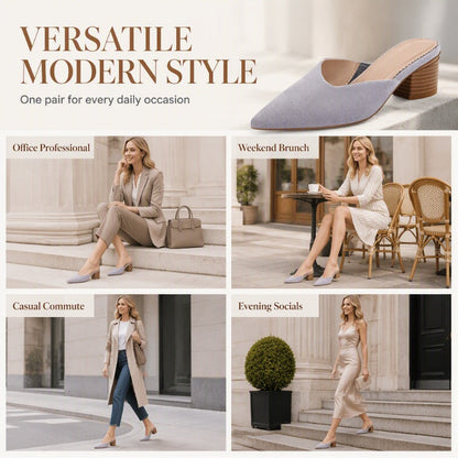 ✨ Polished Comfort | Women's Pointed-Toe Chunky-Heel Slip-On Mules