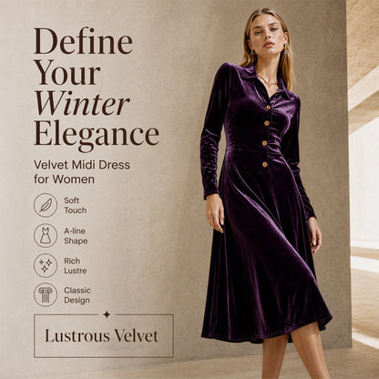 ✨ Timeless Elegance | Women's Button-Front Velvet A-Line Dress