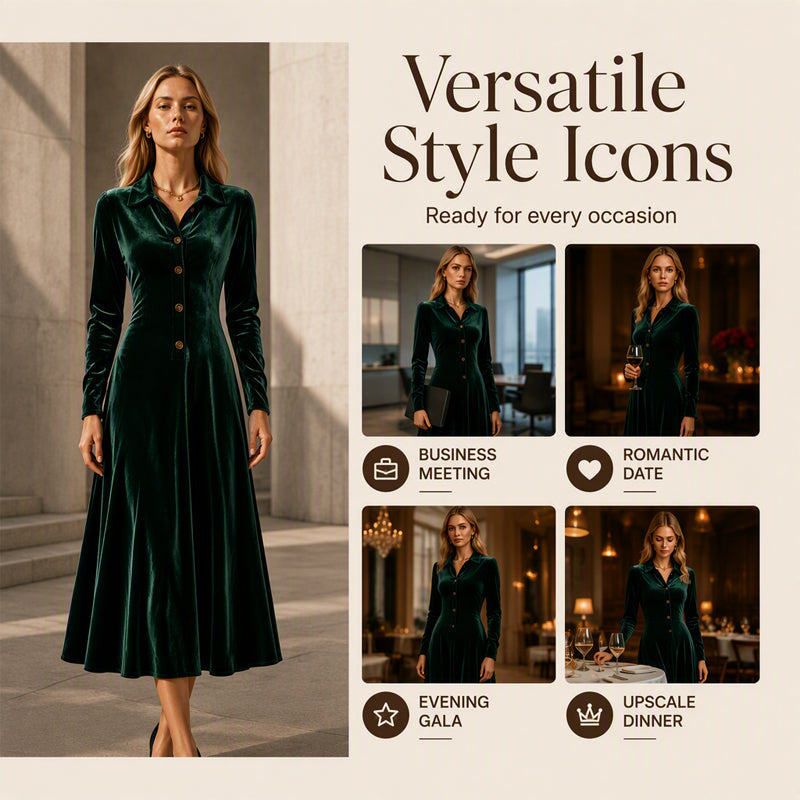 ✨ Timeless Elegance | Women's Button-Front Velvet A-Line Dress